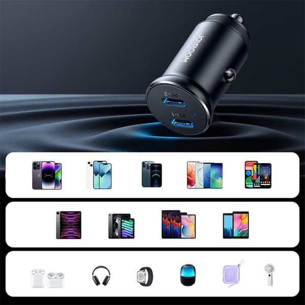 Joyroom Mini Metall Billaddare 30W 2x USB-C - Musta Black