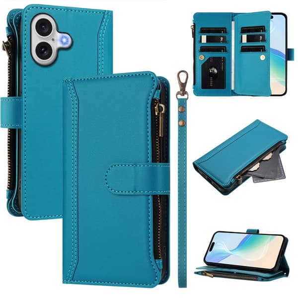 iPhone 17 Plånboksfodral Zipper Med Rem - Sjöblå Blå