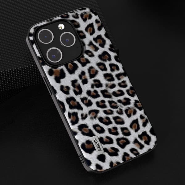 ABEEL Mobilskal till iPhone 15 Pro Leopardmönster PU Läder TPU PC Silver