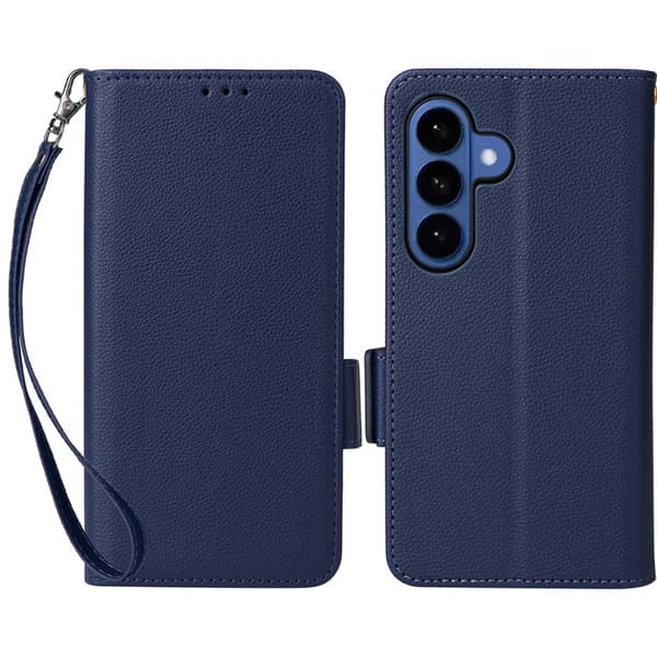Galaxy S26/S26 Pro Plånboksfodral Litchi Konstläder med Rem - Blå Blå