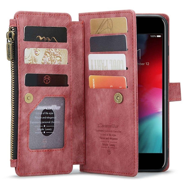 CASEME Konstläder Plånboksfodral för iPhone 6 Plus/6s Plus/7 Plus/8 Plus Röd
