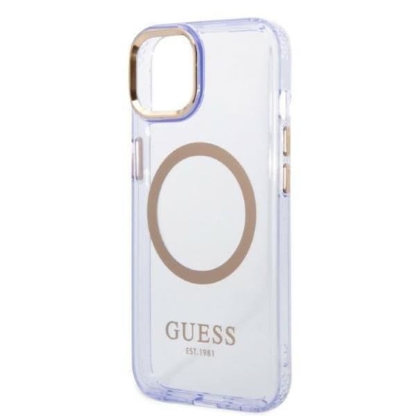 GUESS iPhone 14 Skal MagSafe Guld Outline Translucent - Lilla Lila