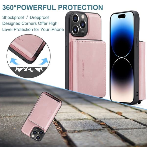 JEEHOOD Mobilskal till iPhone 14 Pro Max KonstLäder Zipper Wallet Rosa