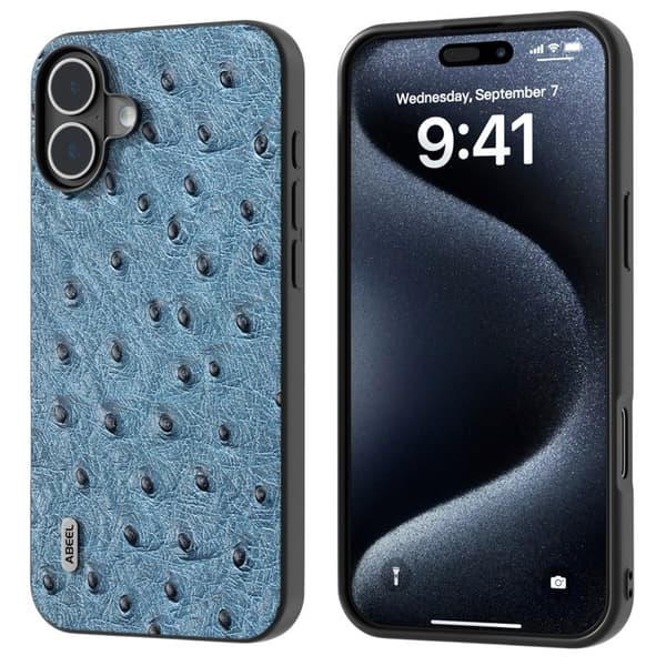 ABEEL Mobilskal till iPhone 16 Plus Ostrich Textur Äkta Läder Blå