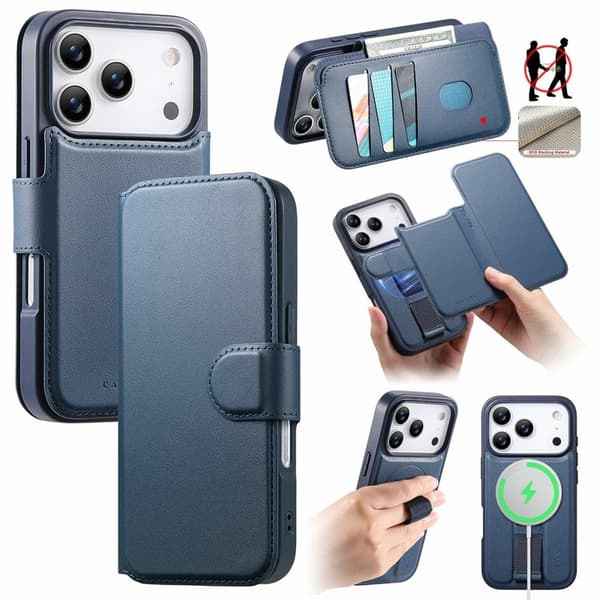 CASENEO iPhone 17 Pro Plånboksfodral Magnetiskt RFID Skydd Konstläder - Blå