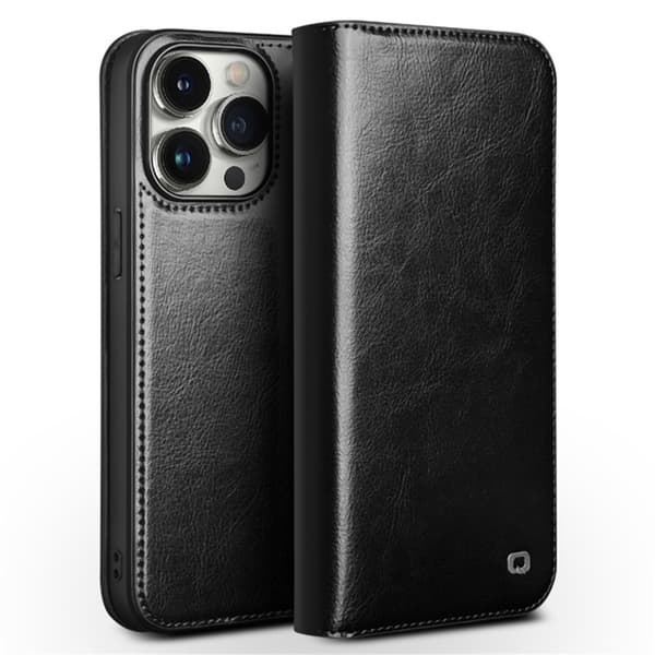 QIALINO iPhone 15 Pro Plånboksfodral Äkta Läder Shockproof Svart