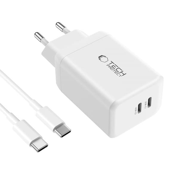 Tech-Protect NC45W-GAN 2-Port Snabbladdare PD 45W + Typ-C Kabel Vit