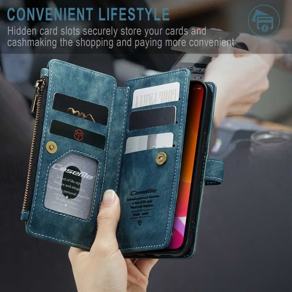 CASEME Konstläder Plånboksfodral för iPhone 12/12 Pro med rem - Blå