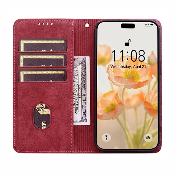 iPhone 17 Pro Max Konstläder Plånboksfodral med Rem Lines Pattern - Röd Röd