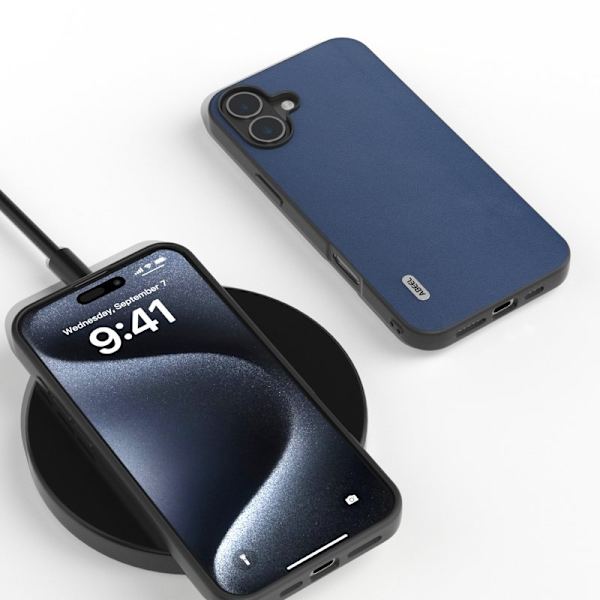 ABEEL Mobilskal till iPhone 16 Plus Äkta Läder + PC + TPU Skydd - Blå