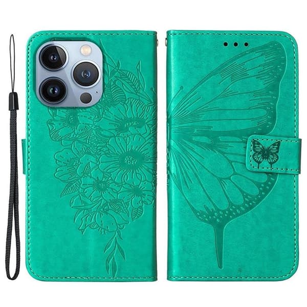 iPhone 14 Pro Max Plånboksfodral Butterfly Flower Imprinted - Grön Grön