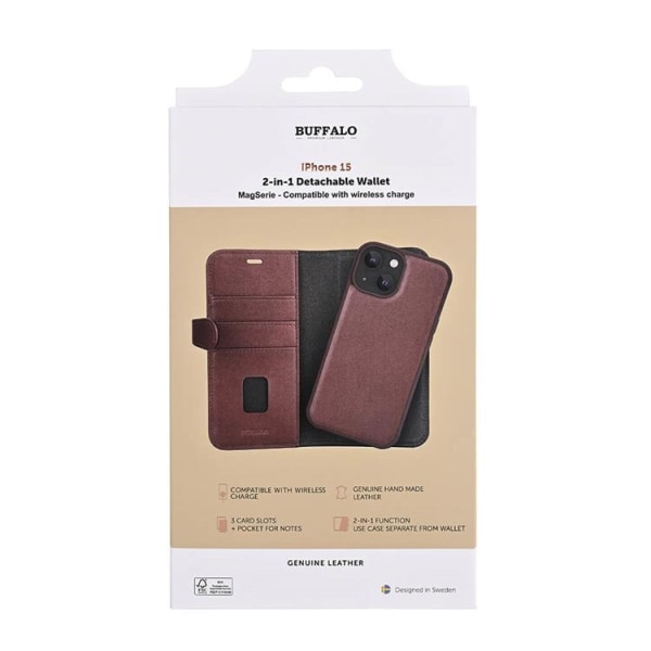 Buffalo iPhone 15 Wallet Case 3 Card Magsafe - ruskea