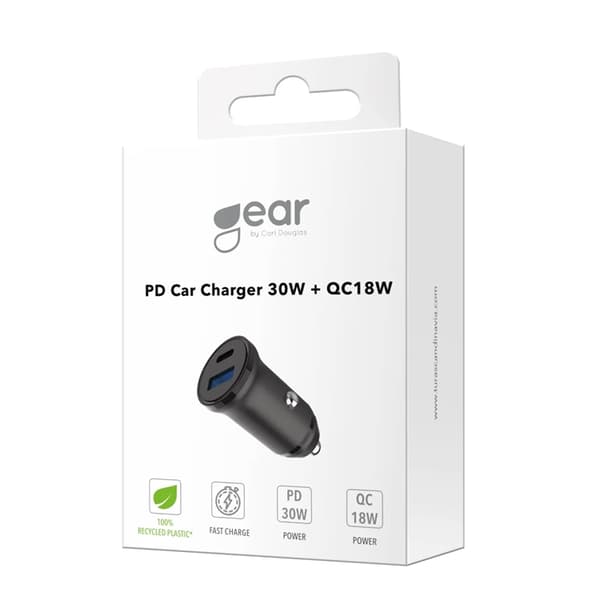 Gear Biloplader PD 30W QC 18W 1xUSB-C 1xUSB-A 12/24V Svart