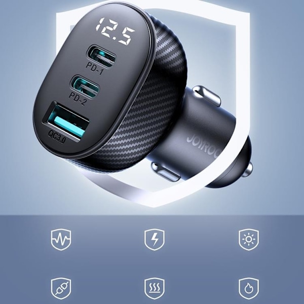 Joyroom Billaddare 30W 2x USB-C USB-A med Display - Svart Svart