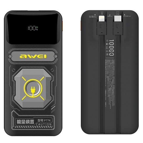 Awei Powerbank 10000mAh 22.5W m/USB-C/Lightning Kabel - Sort Black