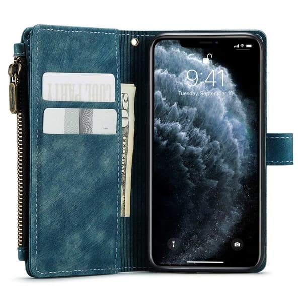 CASEME Konstläder Plånboksfodral för iPhone 11 med Rem och Kortfack - Blå