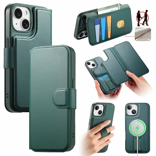 CASENEO iPhone 15 Plånboksfodral Magnetiskt RFID-skydd Konstläder - Grön