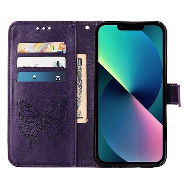 iPhone 14 Pro Max Plånboksfodral Butterfly Flower Imprinted - Lila