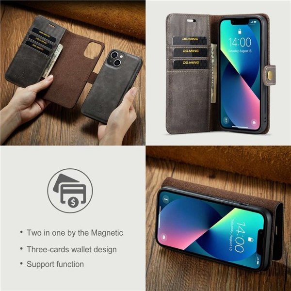 DG.MING iPhone 15 Plus Plånboksfodral Äkta Läder 2in1 - Grå