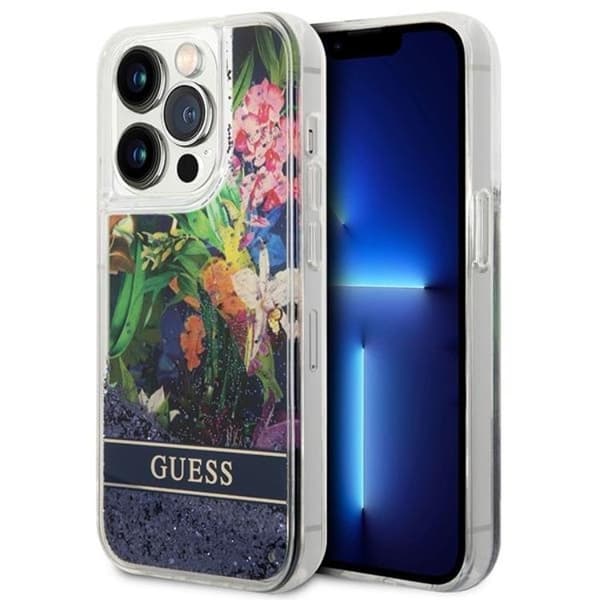 GUESS iPhone 14 Pro Max Skal Flower Liquid Glitter - Blå Blå