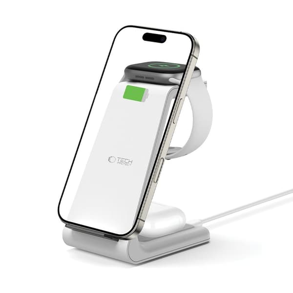 Tech-Protect 3-i-1 trådløs oplader til iPhone Apple Watch AirPods - hvid Vit