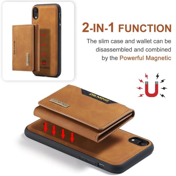 DG.MING 2 i 1 Magnetisk Konstläder Plånboksfodral i Brunt för iPhone XR