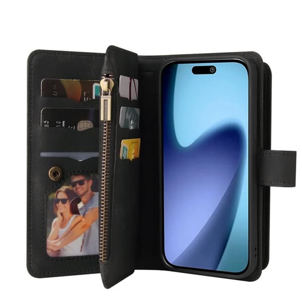 iPhone 17 Air Konstläder Plånboksfodral Zipper Rem Svart