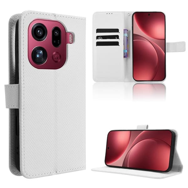 Oppo Find X9 Pro 5G Plånboksfodral Konstläder Med Rem Diamantmönster - Vit