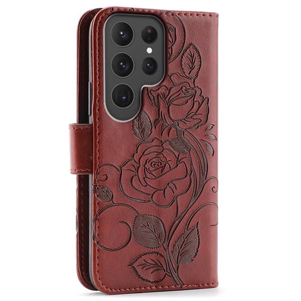 Galaxy S25 Ultra Konstläder Plånboksfodral Imprinted Rosa Butterfly - Brun Brun