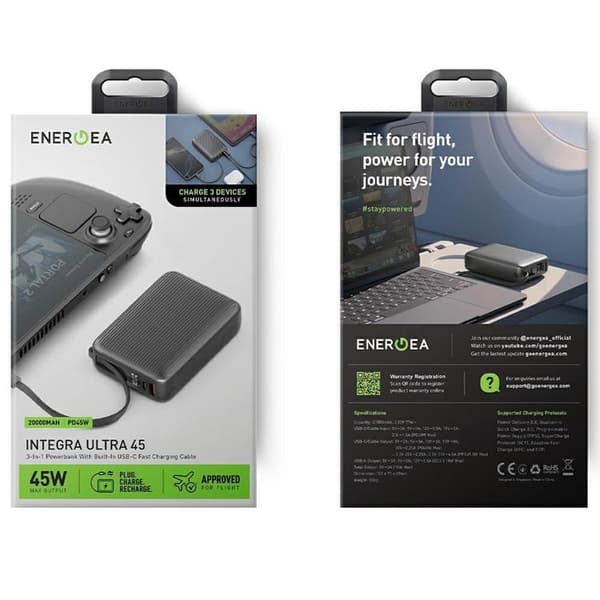 Energea PowerBank 20000mAh 45W USB-C Kabel - Grå Grå