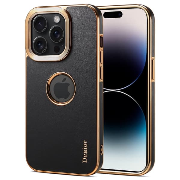 DENIOR Mobilskal till iPhone 14 Pro Max PC+TPU+Äkta Läder Svart