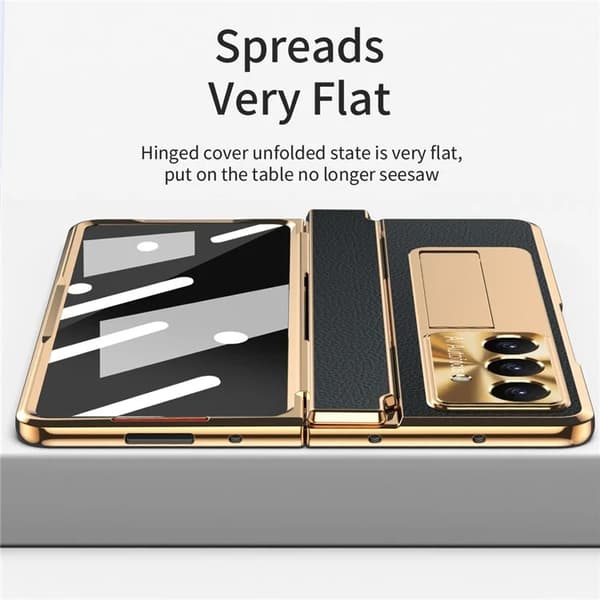 Mobilskal till Galaxy Z Fold7 5G läder + PC Kickstand - Guld+Svart Guld