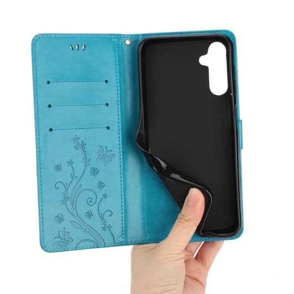 Samsung Galaxy S26 Plus Plånboksfodral Konstläder Fjäril Blommor - Blå