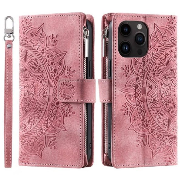 iPhone 15 Pro Max Plånboksfodral Mandala Flower Imprinted - Rosa Guld