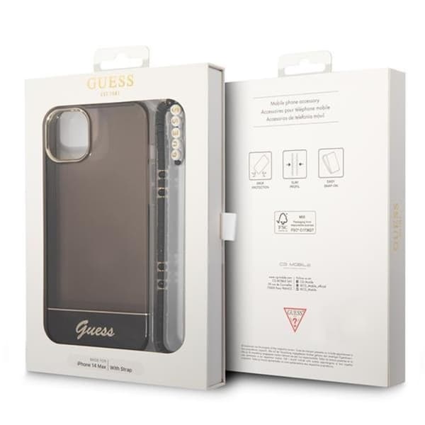 GUESS iPhone 14 Plus Skal Translucent Pearl Strap - Sort Black