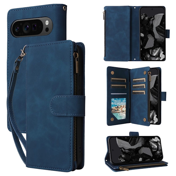Google Pixel 9 Pro XL/10 Pro XL Plånboksfodral Zipper med Strap - Blå Blå