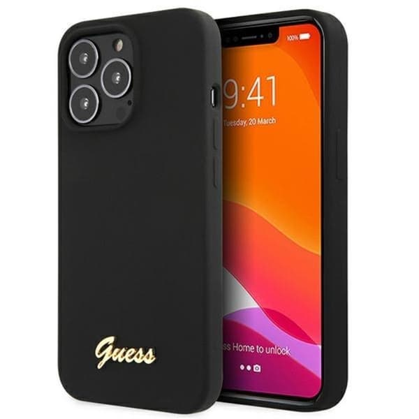 Guess iPhone 13 Pro Max Skal Magsafe Silicone Script Guld Logo - Black