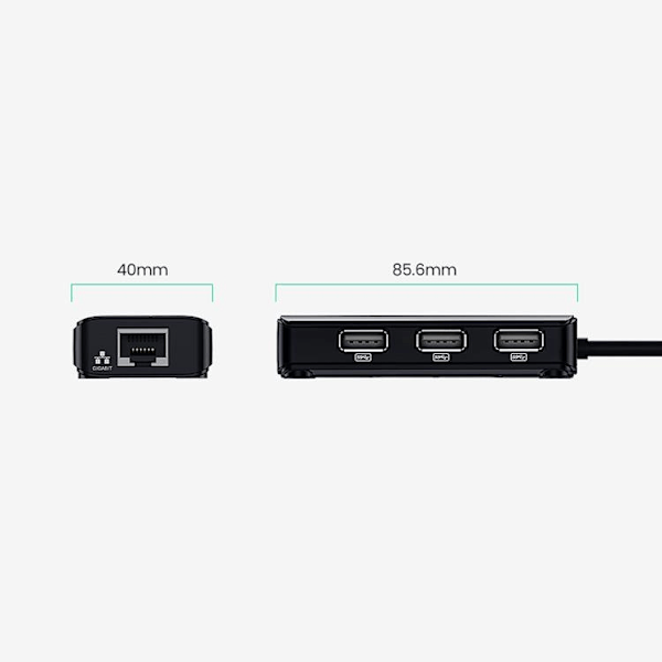 Ugreen Hub 3x USB-A Nätverksadapter RJ45/USB-A 10/100Mbps - Svart