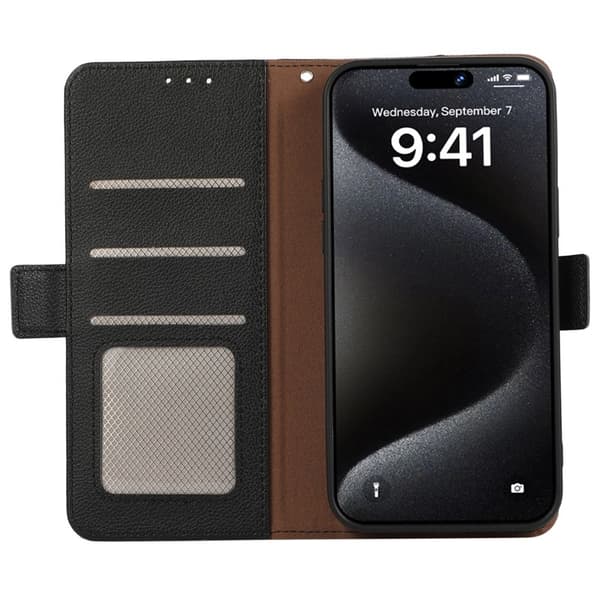 ABEEL iPhone 15 Pro Plånboksfodral RFID-Skydd Litchi Konstläder Svart