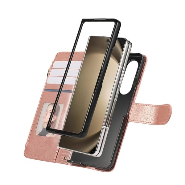 Galaxy Z Fold 7 Plånboksfodral Multi Zipper Läder - Roséguld Roséguld