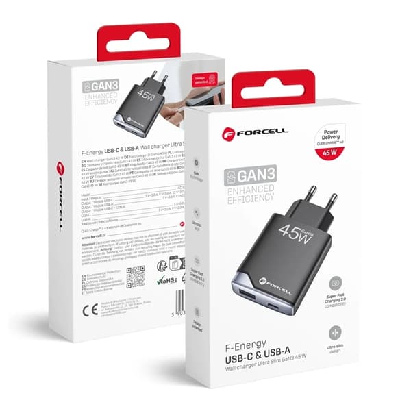 Forcell Hurtigoplader USB C til USB A 45W GaN III PD 3A - Sort Svart