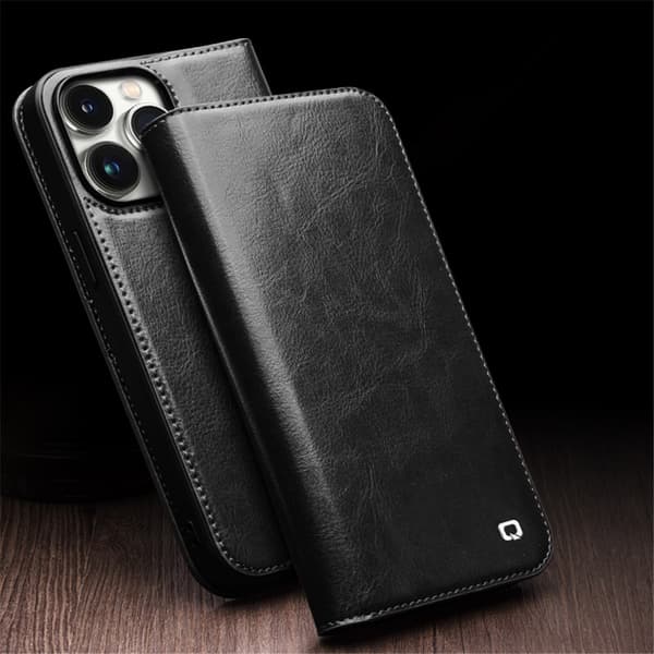 QIALINO iPhone 15 Pro Plånboksfodral Äkta Läder Shockproof Svart