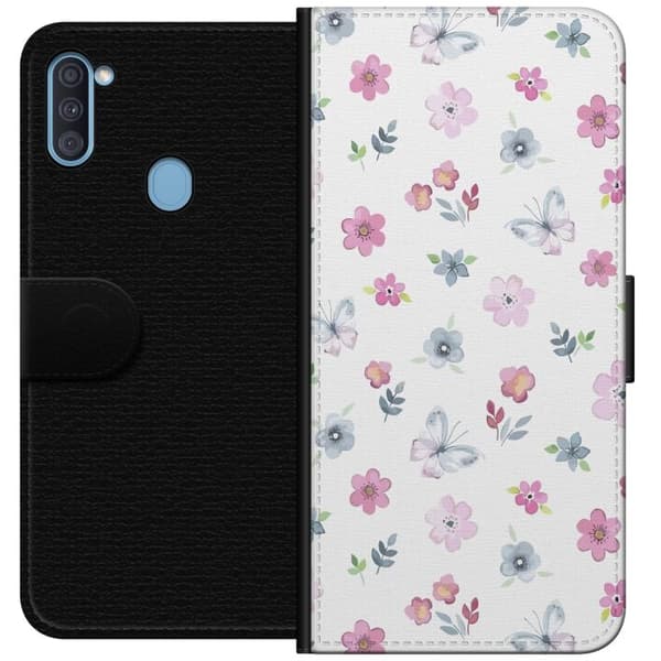 Pung Taske til Samsung Galaxy A11 med blomster og sommerfugle