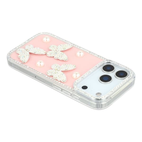 Mobilskal till iPhone 17 Pro Rhinestone Edge Pearl Butterfly Rosa