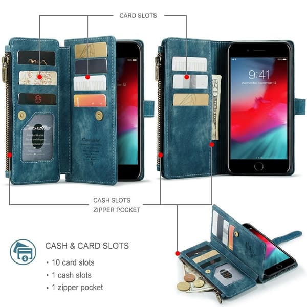 CASEME Konstläder Plånboksfodral för iPhone 6/7/8 Plus med Rem - Blå