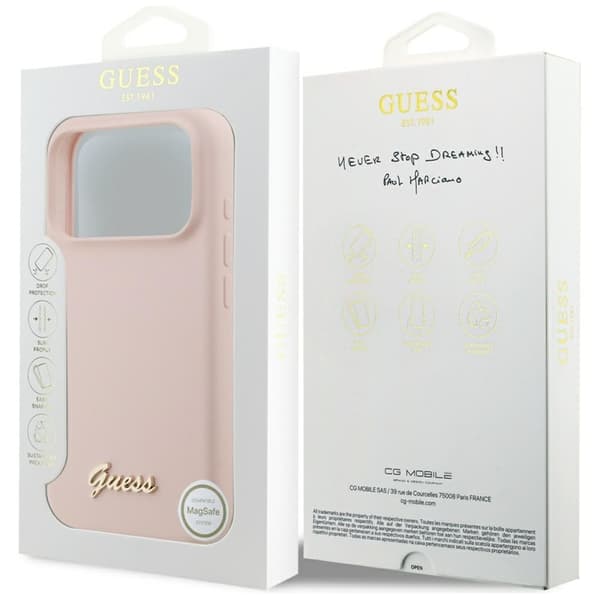 Guess Mobilskal till iPhone 17 Pro Magsafe Script Metal Logo - Rosa