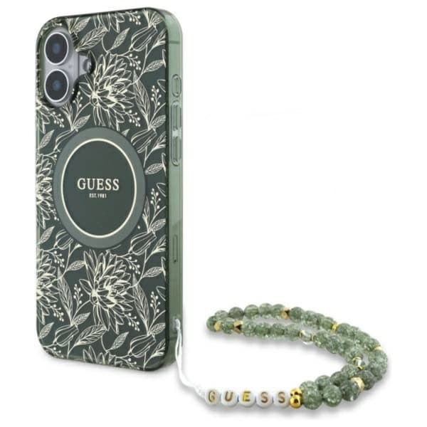 Guess telefontaske til iPhone 16 Plus MagSafe IML blomster med rem - grøn Grön
