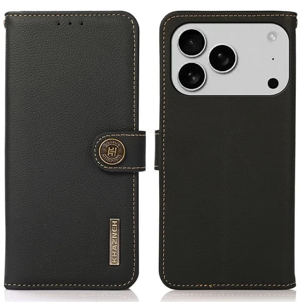 Khazneh iPhone 17 Pro Max Plånboksfodral Äkta Läder Rfid Svart