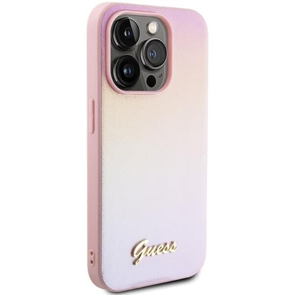 Guess Mobilskal till iPhone 15 Pro Saffiano Iridescent Script - Rosa Rosa