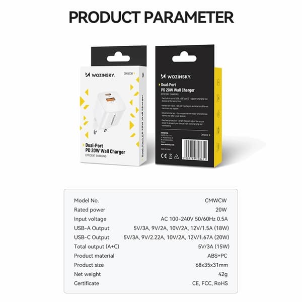 Wozinsky Vægoplader 20W USB-C/USB-A - Hvid Vit